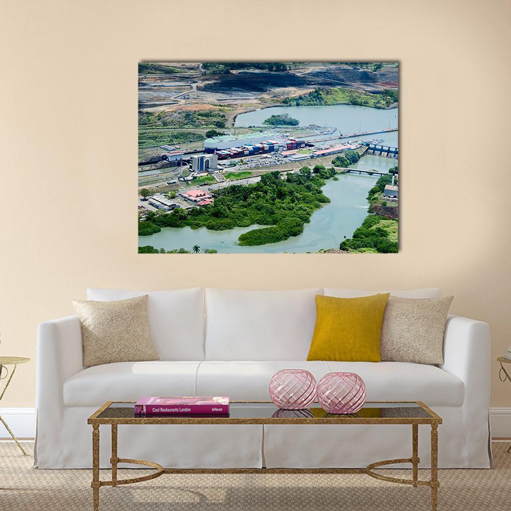 Cargo Ships Passing Through Miraflores Locks At Panama Canvas Wall Art-4 Horizontal-Gallery Wrap-34" x 24"-Tiaracle