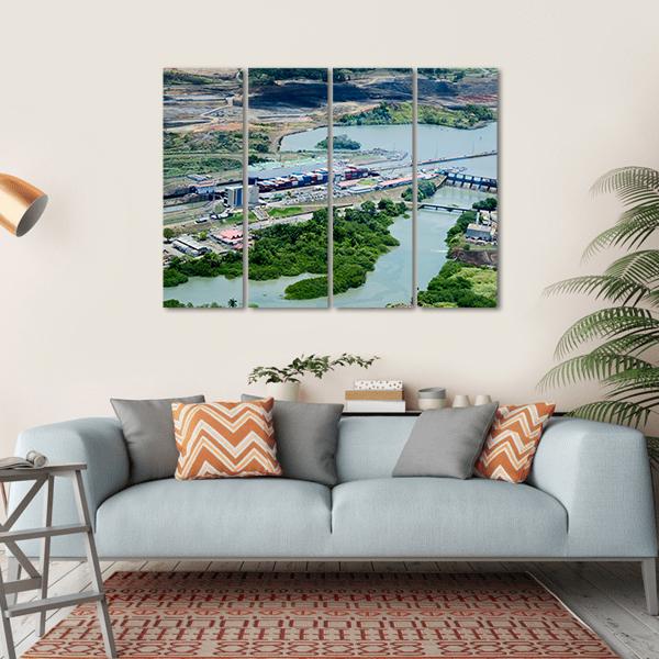 Cargo Ships Passing Through Miraflores Locks At Panama Canvas Wall Art-4 Horizontal-Gallery Wrap-34" x 24"-Tiaracle