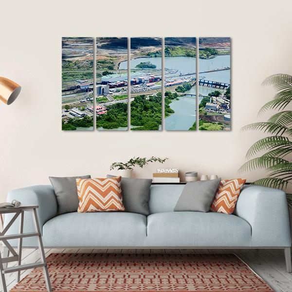 Cargo Ships Passing Through Miraflores Locks At Panama Canvas Wall Art-5 Horizontal-Gallery Wrap-22" x 12"-Tiaracle