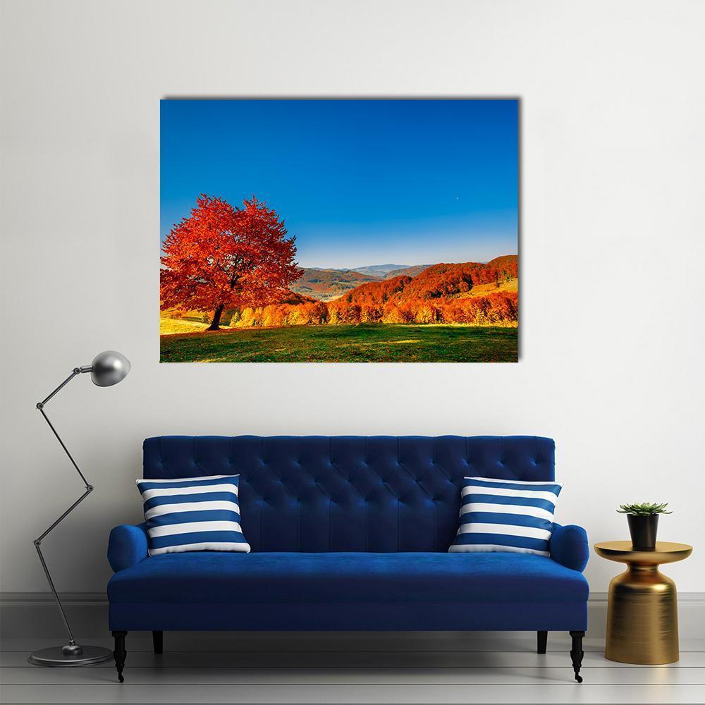 Autumn Hills with Bright Red Tree Canvas Wall Art in red, orange and blue, single panel hung on a wall