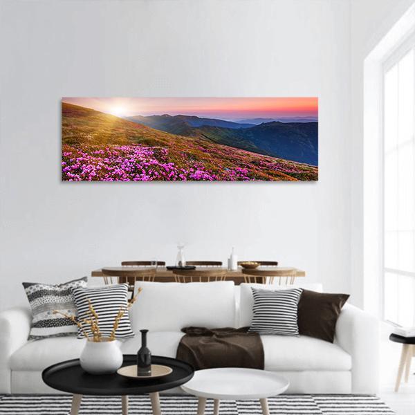 Pink Flowers On Mountain Panoramic Canvas Wall Art-1 Piece-36" x 12"-Tiaracle