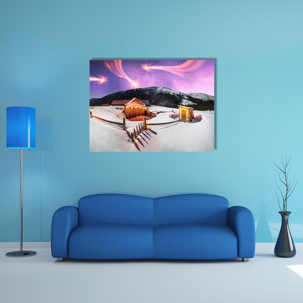 Carpathian Mountain Cabin Under Meteor Shower Canvas Wall Art in white, blue and purple, single panel hung on a wall