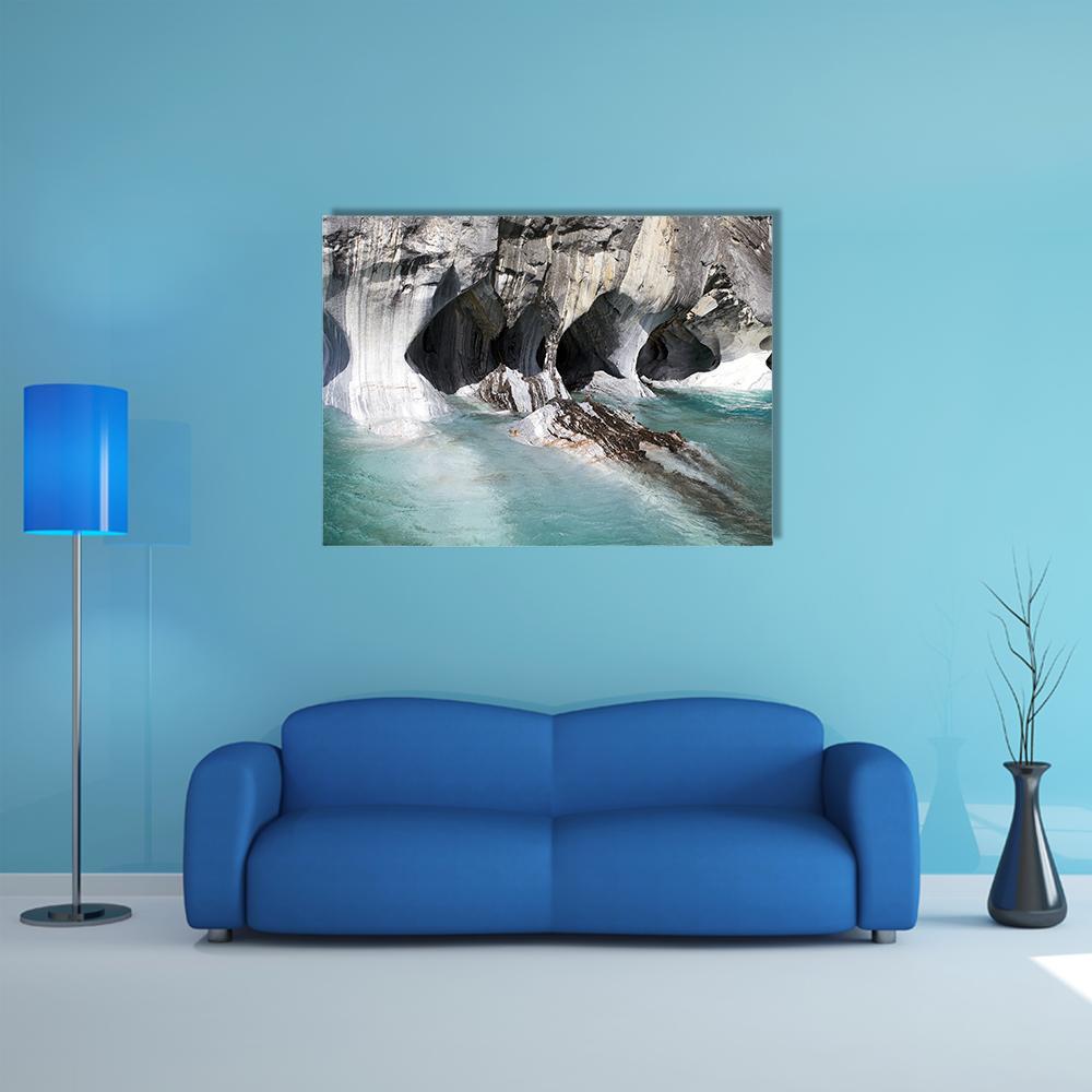 Carrera Lake Turquoise Marble Caves Canvas Wall Art in white, gray and blue, single panel hung on a wall