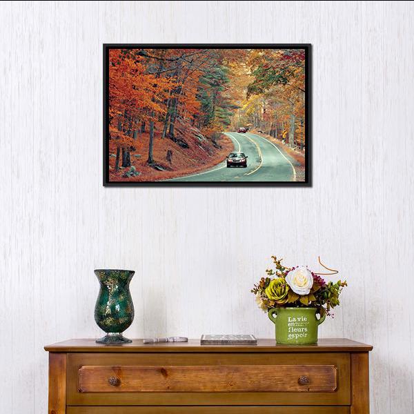 Cars On Autumn Road Canvas Wall Art-1 Piece-Floating Frame-24" x 16"-Tiaracle