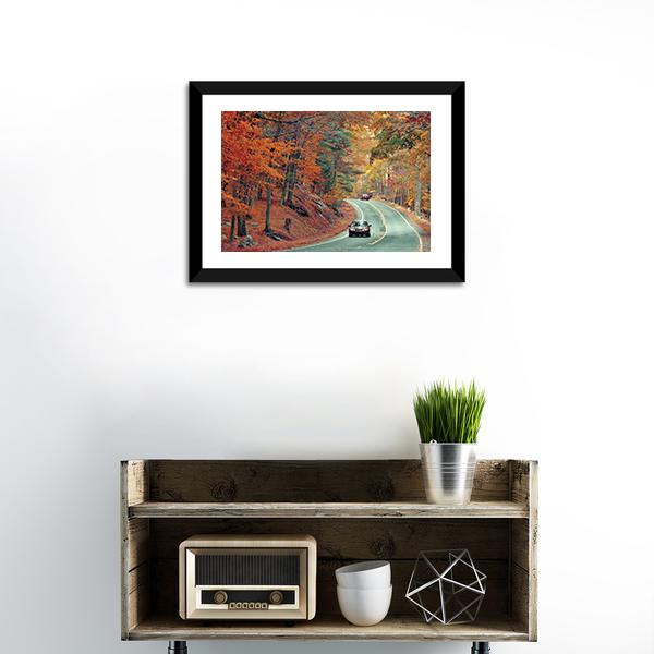Cars On Autumn Road Canvas Wall Art-1 Piece-Framed Print-20" x 16"-Tiaracle