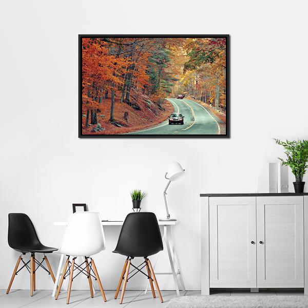 Cars On Autumn Road Canvas Wall Art-3 Horizontal-Gallery Wrap-25" x 16"-Tiaracle