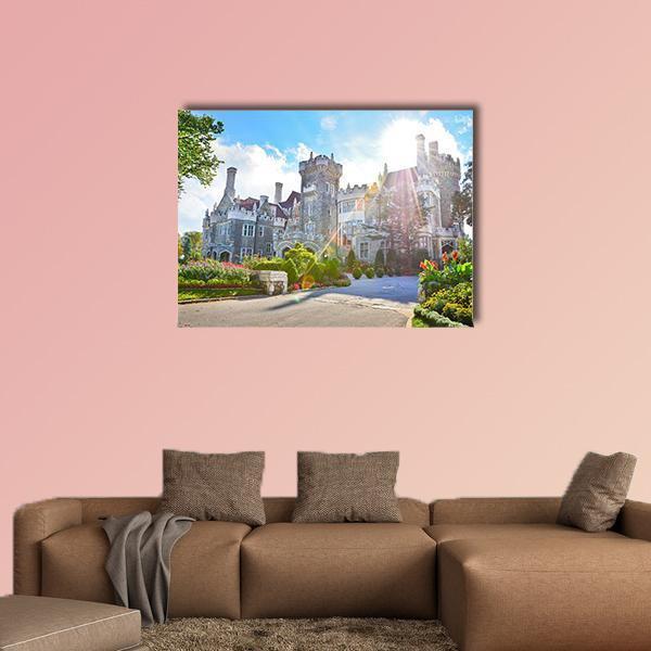 Casa Loma Toronto Castle in Sunlight Canvas Wall Art in gray, green and blue, single panel hung on a wall