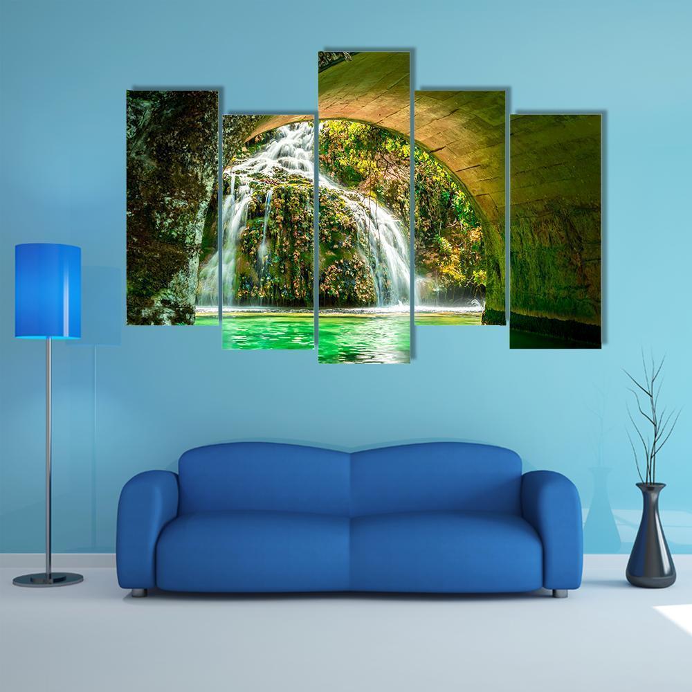 Cascade Of Orbaneja Del Castillo In Spring Canvas Wall Art-5 Pop-Gallery Wrap-47" x 32"-Tiaracle