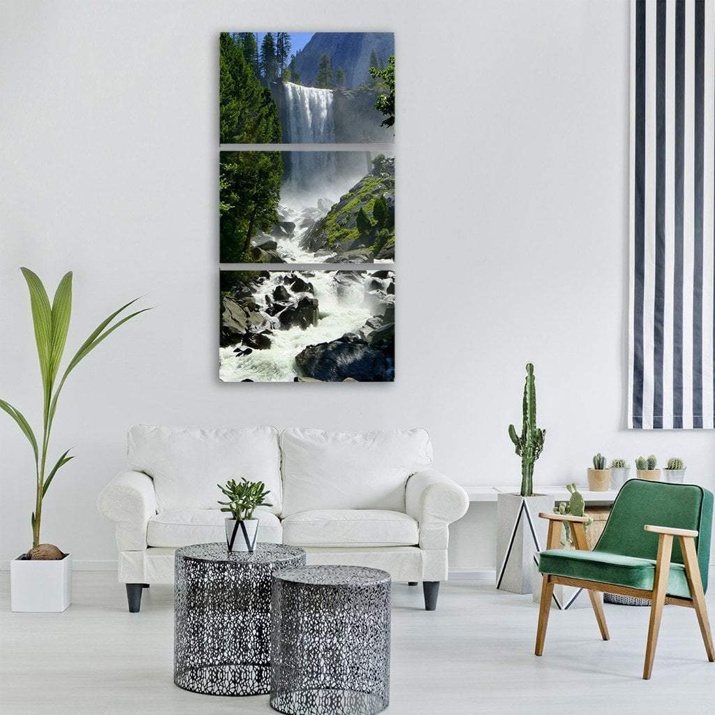 Waterfall In Yosemite Vertical Canvas Wall Art-3 Vertical-Gallery Wrap-12" x 25"-Tiaracle