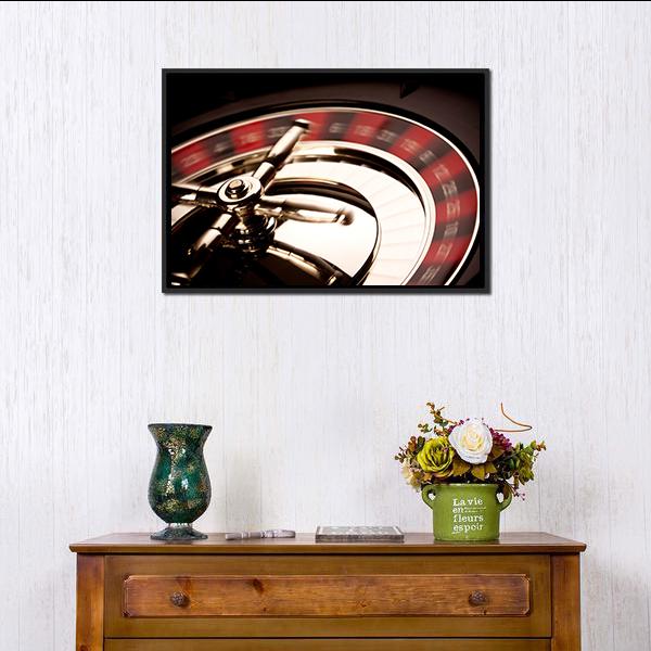Casino Game Canvas Wall Art in black, gold and red, framed canvas, product view on a white background