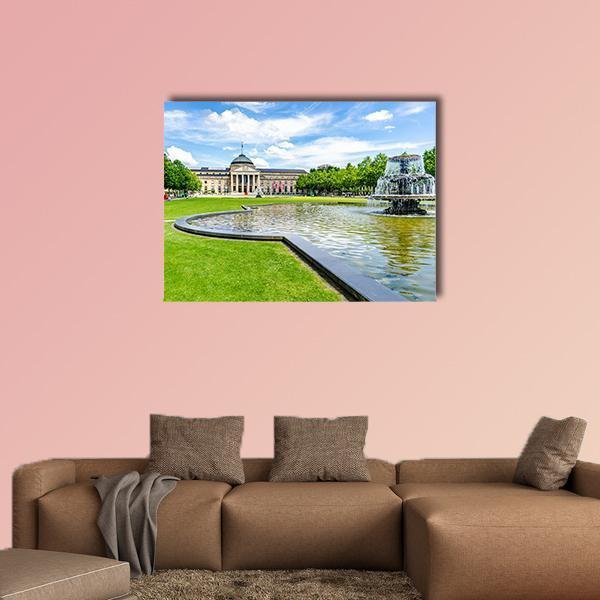 Kurhaus Casino Wiesbaden Canvas Wall Art in beige, green and blue, single panel hung on a wall