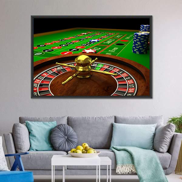 Casino Roulette Canvas Wall Art in brown, red and green, framed canvas, product view on a white background