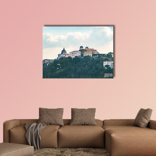 Castel Gandolfo Italy Hilltop with Domed Buildings Canvas Wall Art in white, green and blue, single panel hung on a wall