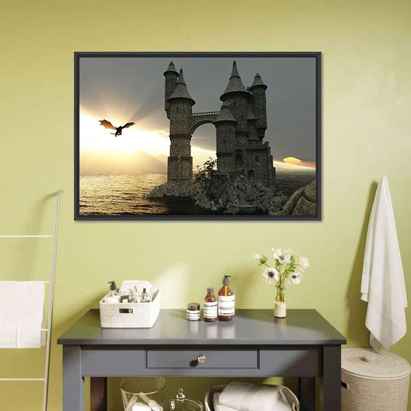 Castle &amp; Flying Dragon Canvas Wall Art-1 Piece-Floating Frame-36" x 24"-Tiaracle