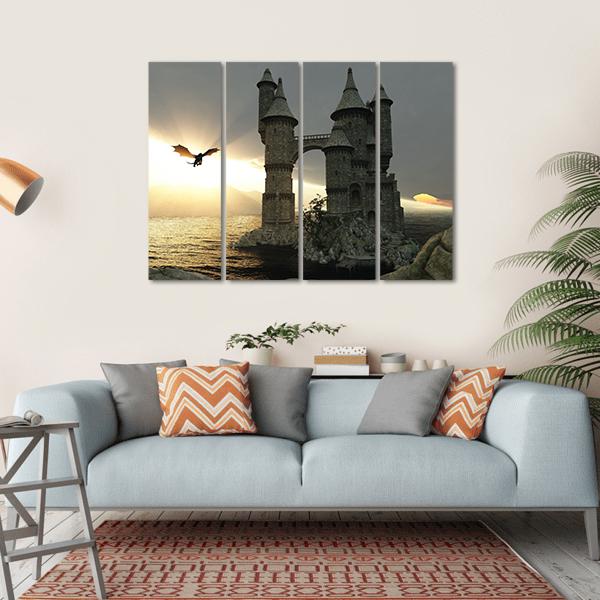 Castle &amp; Flying Dragon Canvas Wall Art-4 Horizontal-Gallery Wrap-34" x 24"-Tiaracle