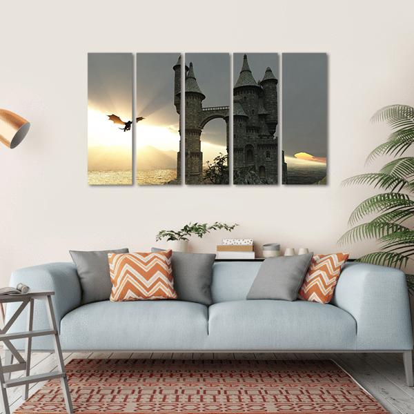 Castle &amp; Flying Dragon Canvas Wall Art-5 Horizontal-Gallery Wrap-22" x 12"-Tiaracle