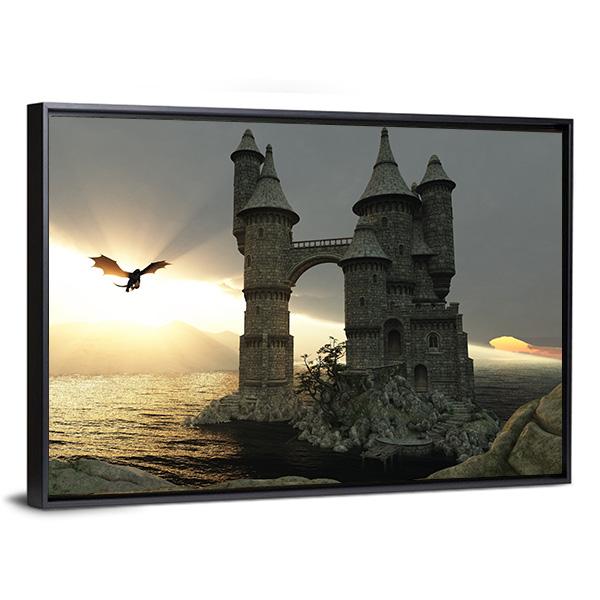 Castle &amp; Flying Dragon Canvas Wall Art-5 Horizontal-Gallery Wrap-22" x 12"-Tiaracle