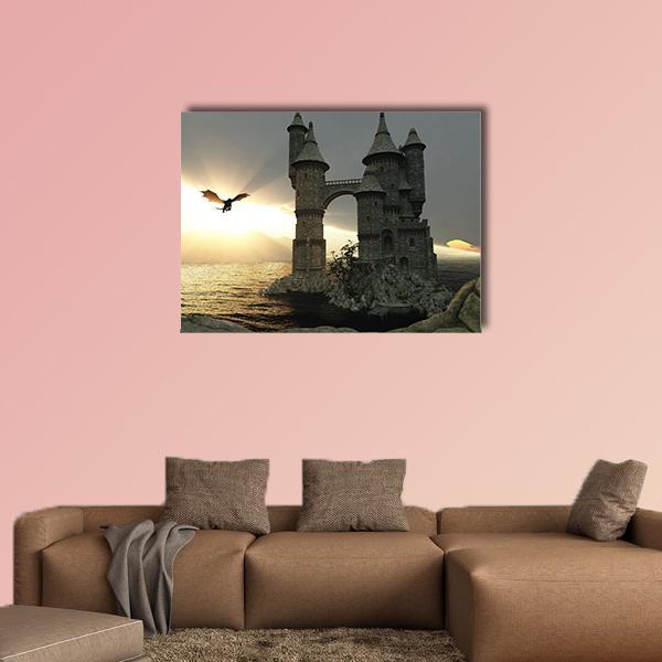 Castle and Flying Dragon at Sunset Canvas Wall Art in black, gray and yellow, single panel hung on a wall