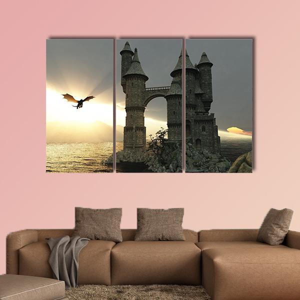 Castle &amp; Flying Dragon Canvas Wall Art-3 Horizontal-Gallery Wrap-37" x 24"-Tiaracle