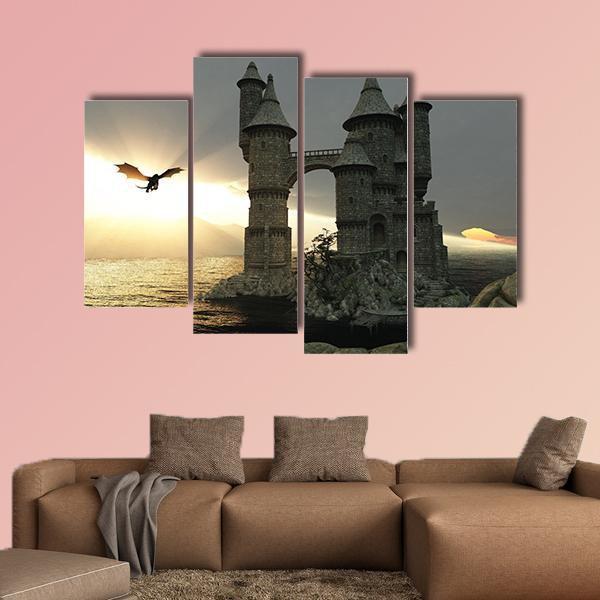 Castle &amp; Flying Dragon Canvas Wall Art-4 Pop-Gallery Wrap-50" x 32"-Tiaracle