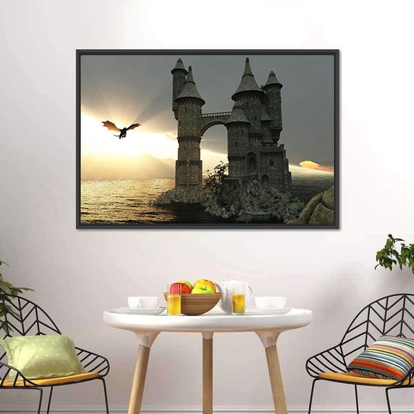 Castle &amp; Flying Dragon Canvas Wall Art-3 Horizontal-Gallery Wrap-25" x 16"-Tiaracle