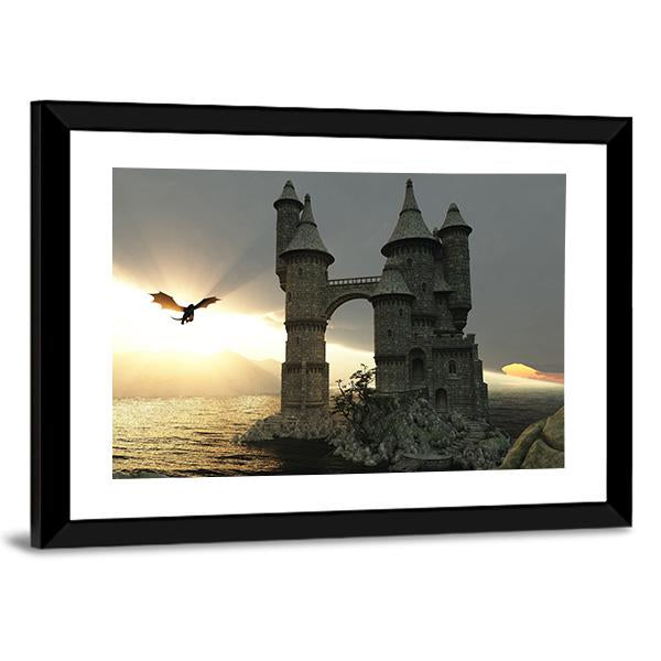 Castle &amp; Flying Dragon Canvas Wall Art-3 Horizontal-Gallery Wrap-25" x 16"-Tiaracle