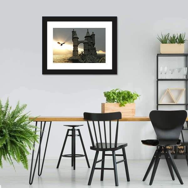Castle & Flying Dragon Canvas Wall Art-3 Horizontal-Gallery Wrap-25" x 16"-Tiaracle