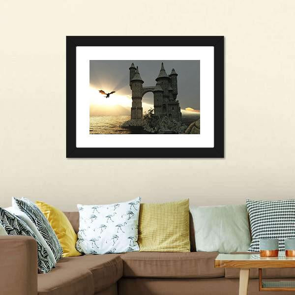 Castle &amp; Flying Dragon Canvas Wall Art-3 Horizontal-Gallery Wrap-25" x 16"-Tiaracle