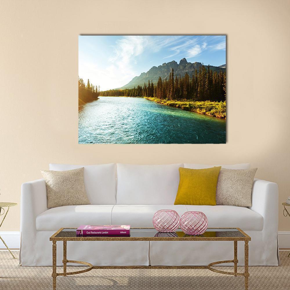 Castle Mountain in Banff National Park Canvas Wall Art in yellow, green and blue, single panel hung on a wall