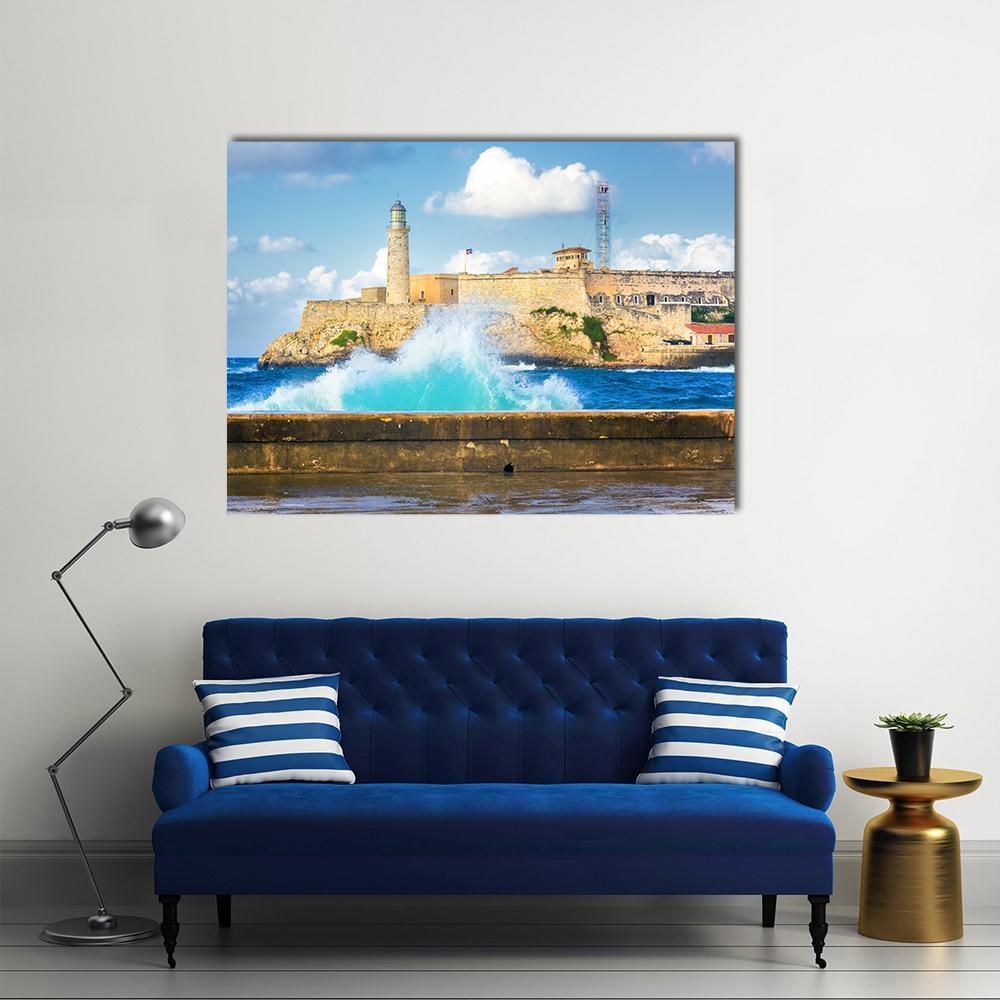 Castle on the Cliff in Cuba Canvas Wall Art in beige, brown and blue, single panel hung on a wall