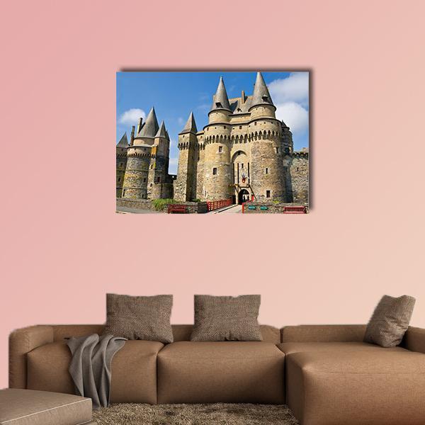 Vitr Castle in Brittany, France Canvas Wall Art in gray, brown and blue, single panel hung on a wall