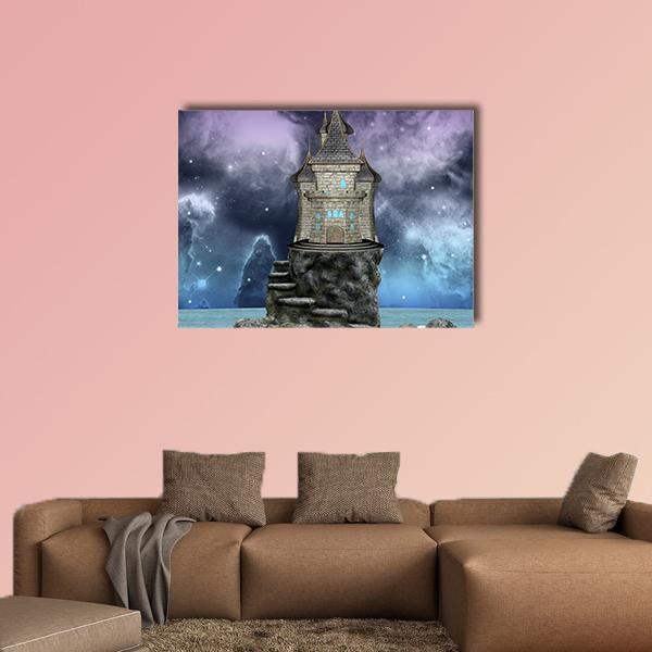Fairy Tale Castle on a Rocky Island Canvas Wall Art in gray, blue and purple, single panel hung on a wall