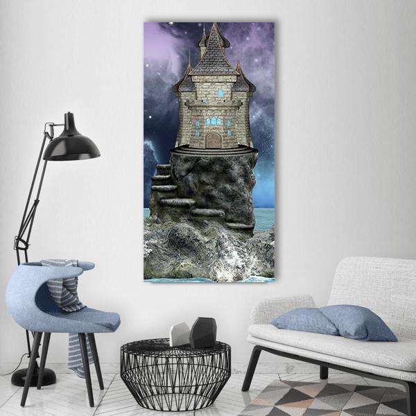 Fairy Tale Castle Under Cosmic Sky Vertical Canvas Wall Art in gray, blue and purple, single vertical panel hung on a wall
