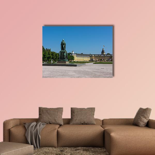 Karlsruhe Palace with Bronze Equestrian Statue Canvas Wall Art in gray, beige and blue, single panel hung on a wall