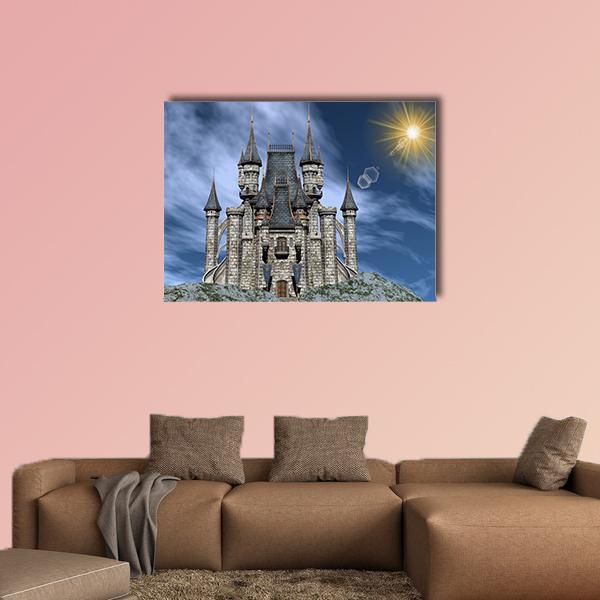 Castle on a Rocky Hill Canvas Wall Art in gray and blue, single panel hung on a wall
