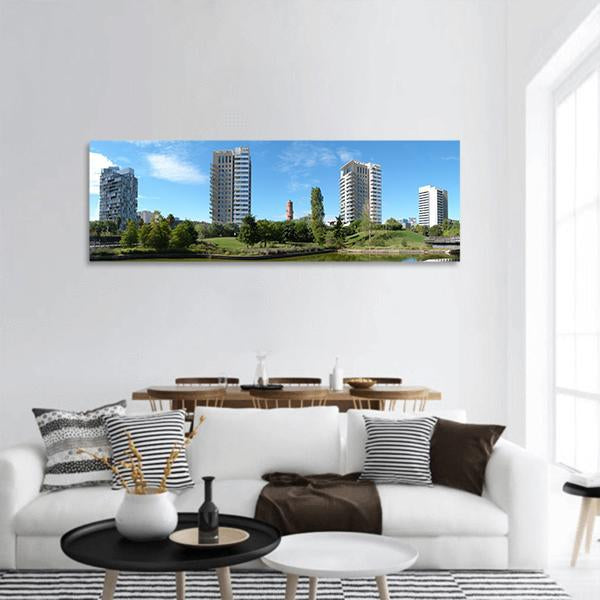 Catalonia Business District Under Blue Sky Panoramic Canvas Wall Art-1 Piece-36" x 12"-Tiaracle