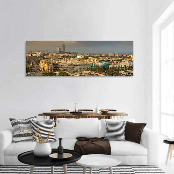 Catalonia City Barcelona Panoramic Canvas Wall Art-1 Piece-36" x 12"-Tiaracle