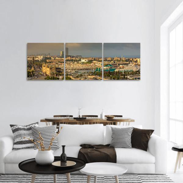Barcelona Harbor at Golden Hour Panoramic Canvas Wall Art in brown, gold and yellow, hung on a wall