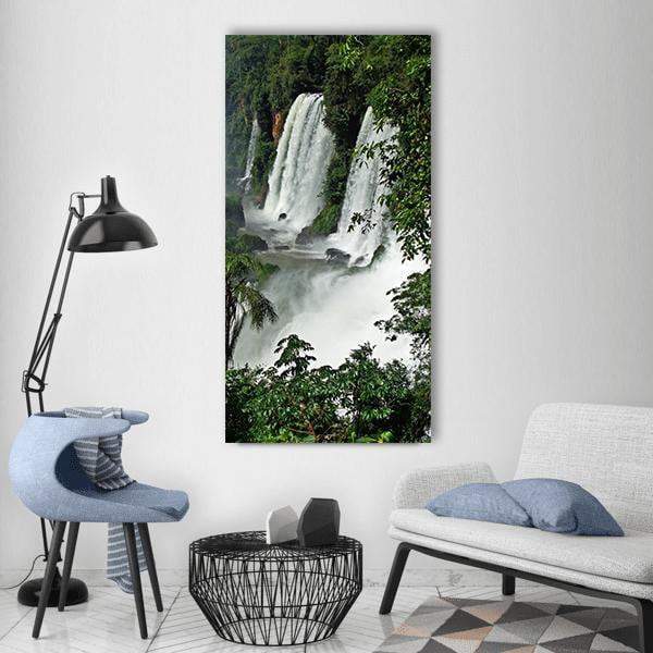 Waterfall in Brazil Vertical Canvas Wall Art in white, gray and green, single vertical panel hung on a wall