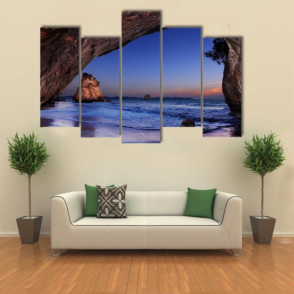 Cathedral Cove At Sunrise Canvas Wall Art-5 Pop-Gallery Wrap-47" x 32"-Tiaracle