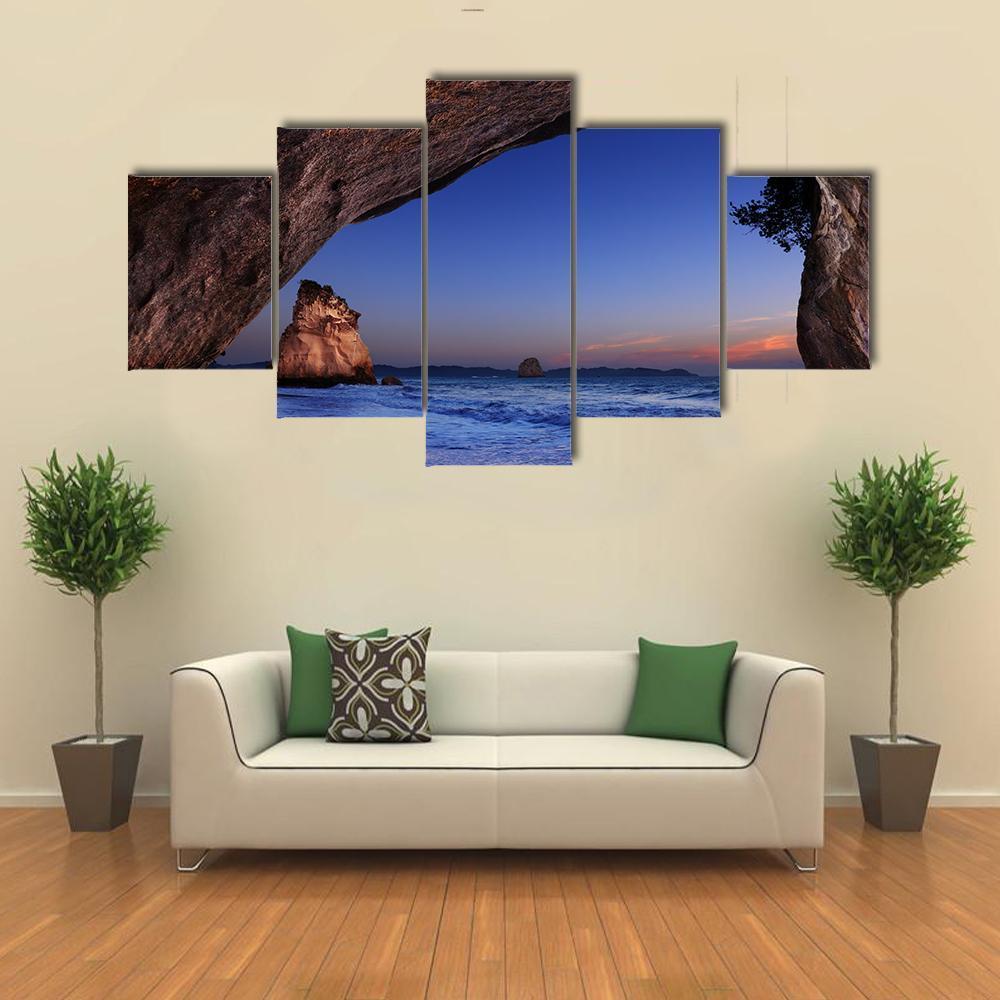 Cathedral Cove At Sunrise Canvas Wall Art-5 Star-Gallery Wrap-62" x 32"-Tiaracle