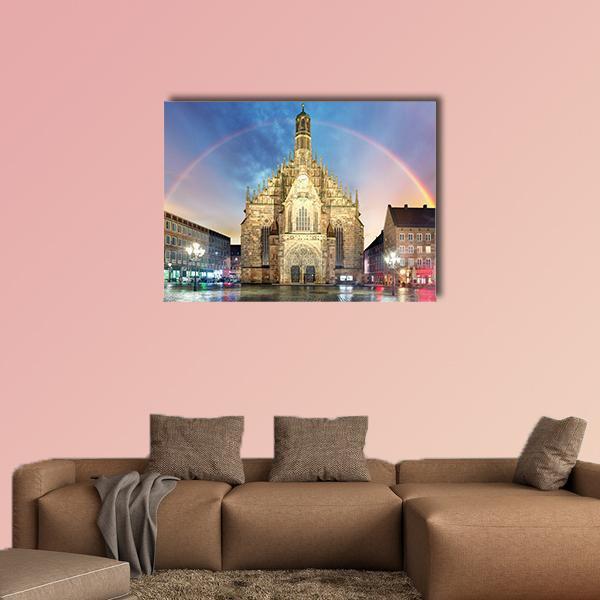 Frauenkirche with Evening Rainbow Canvas Wall Art in beige, brown and blue, single panel hung on a wall