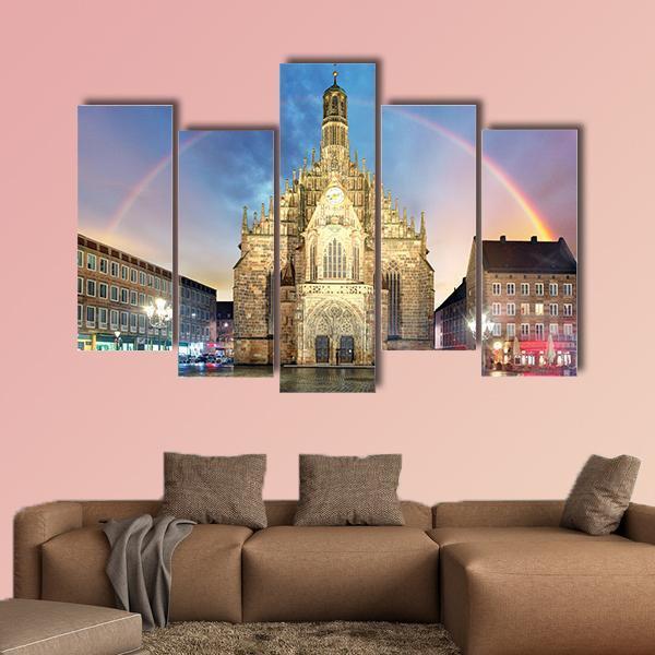 Frauenkirche Church With Rainbow Canvas Wall Art-3 Horizontal-Gallery Wrap-25" x 16"-Tiaracle