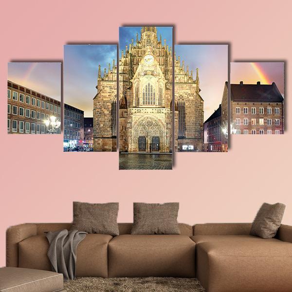 Frauenkirche Church With Rainbow Canvas Wall Art-5 Star-Gallery Wrap-62" x 32"-Tiaracle