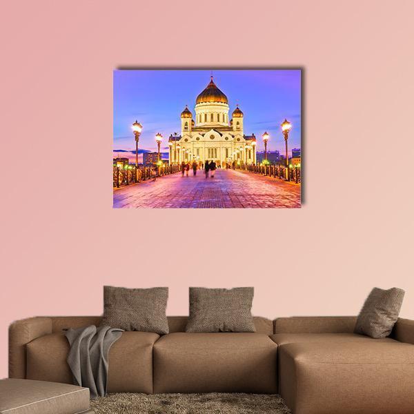 Christ Church Moscow Canvas Wall Art in gold, blue and purple, single panel hung on a wall