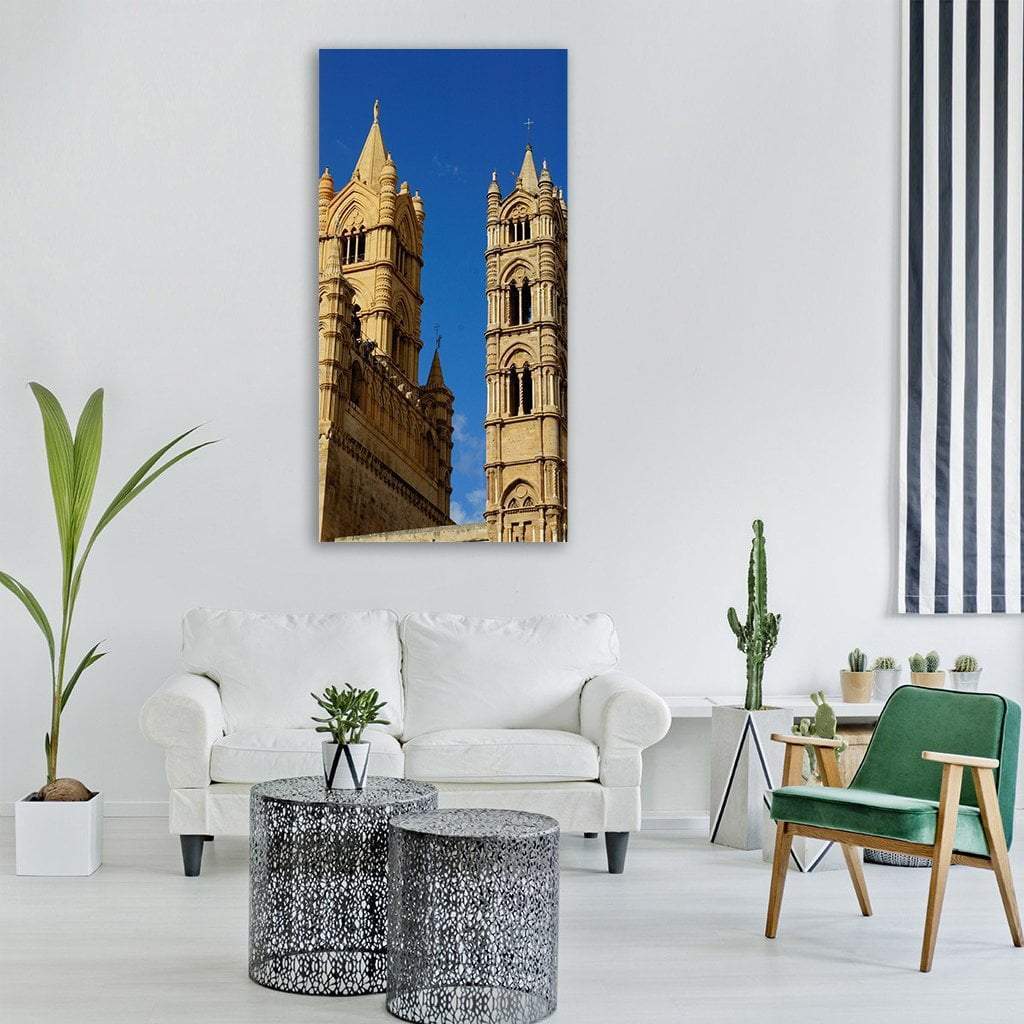 Cathedral Di Palermo Towers Vertical Canvas Wall Art in beige, gold and blue, single vertical panel hung on a wall