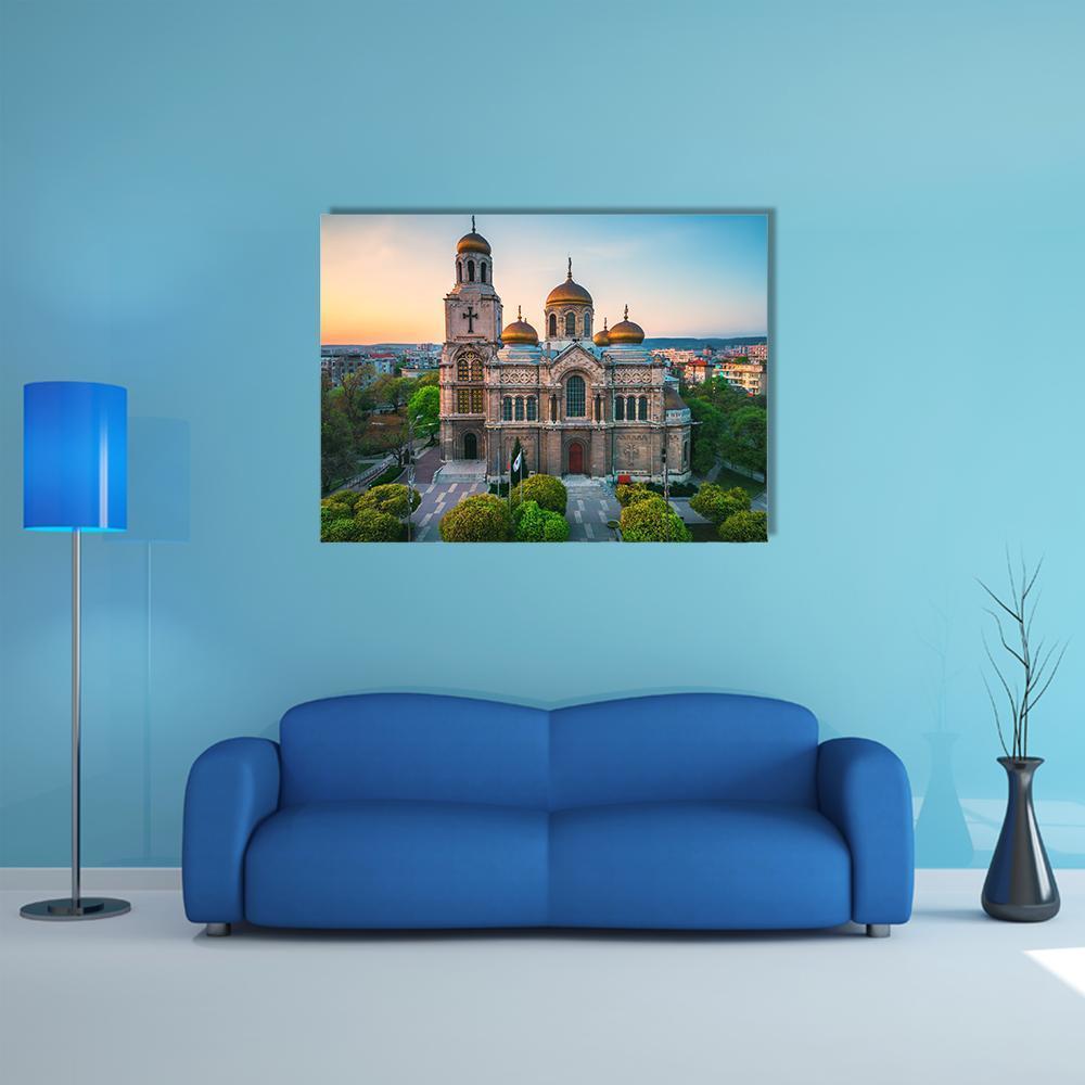 Orthodox Cathedral with Golden Domes Canvas Wall Art in gold, green and blue, single panel hung on a wall