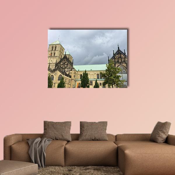 Gothic Cathedral with Stained Glass Canvas Wall Art in gray, beige and green, single panel hung on a wall