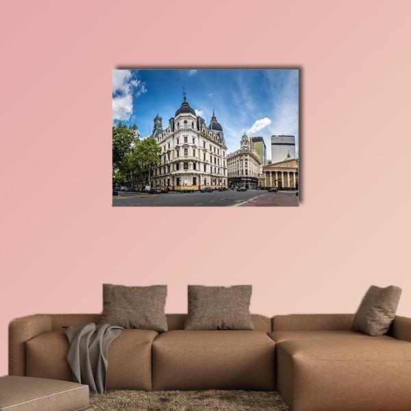 Cathedral Near Plaza De Mayo Canvas Wall Art in gray, beige and blue, single panel hung on a wall