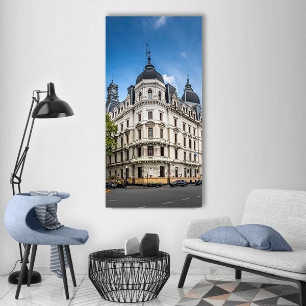Historic Cathedral with Domed Towers Vertical Canvas Wall Art in gray, beige and blue, single vertical panel hung on a wall